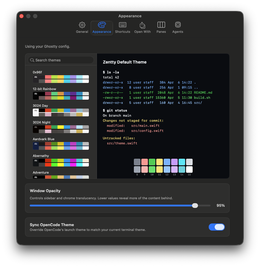 Zentty Appearance settings showing Ghostty theme search, terminal preview, opacity, and OpenCode theme sync.